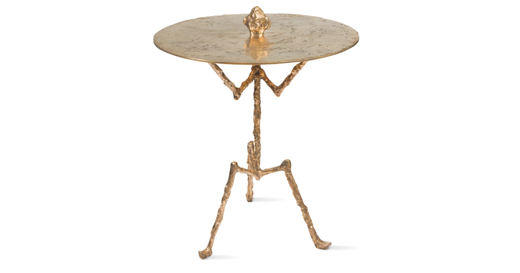 Elizabeth Garouste pedestal table in gilded bronze, representing a three-legged character, carrying a tray, with a head sticking out in the middle of the tray