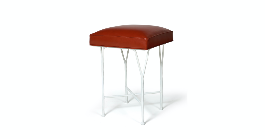 Garouste Bonetti stool in white wrought iron, with a square seat in brown leather