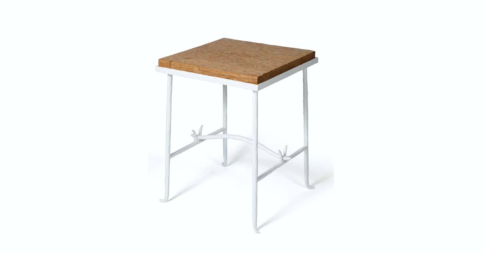 Garouste and Bonetti, square side table with white patina iron legs, top in oak, interior design by Elizabeth Garouste and Mattia Bonetti, 2024