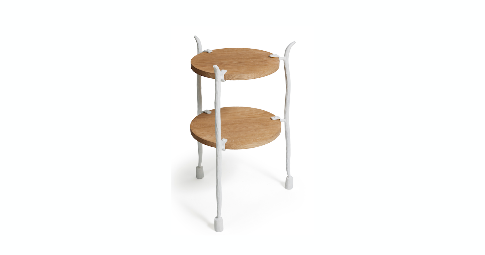 Garouste Bonetti pedestal table, with two round light wood tops superimposed, and 3 corrugated white wrought iron legs, 2024