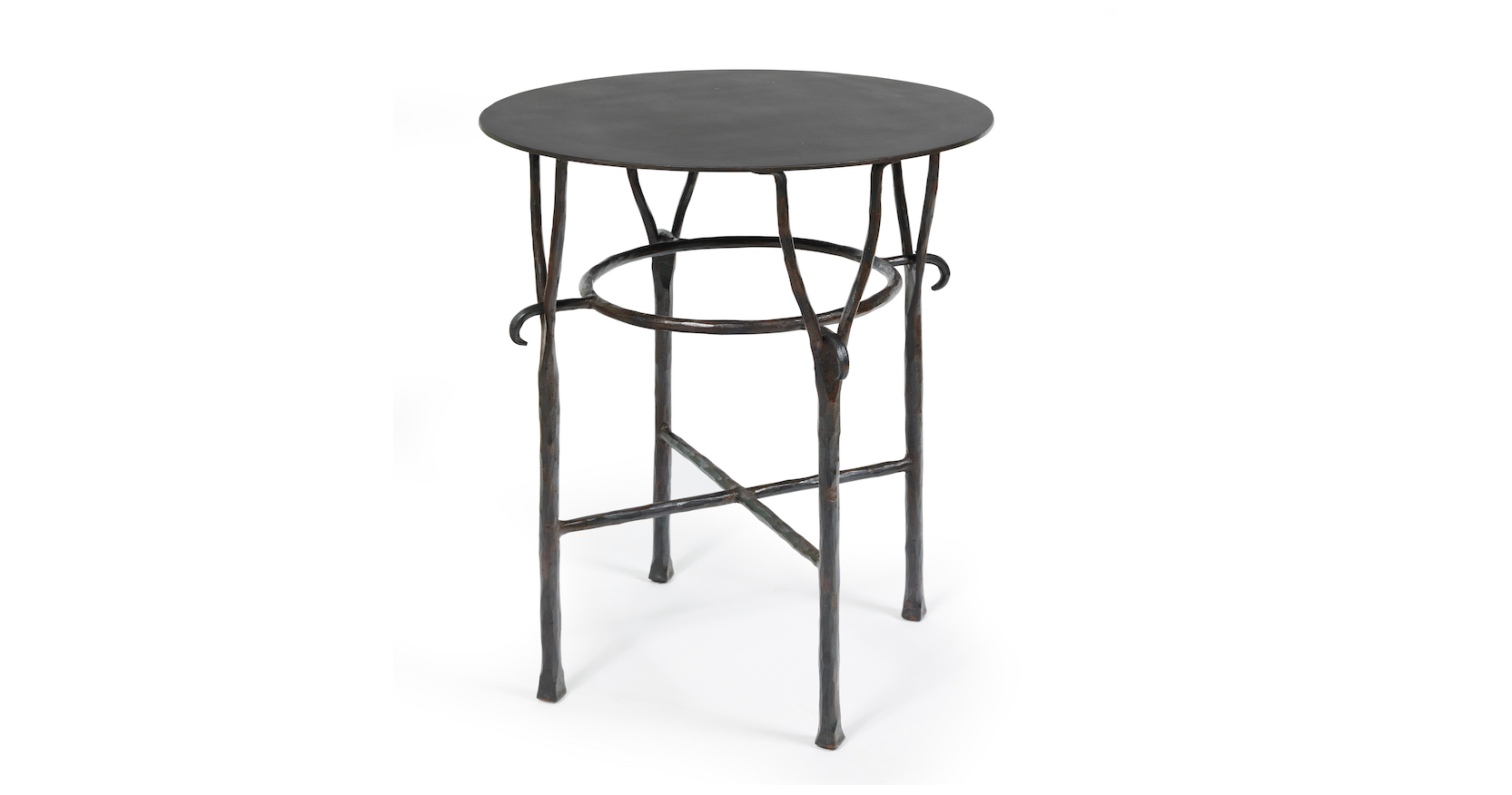 Petite table ronde Garouste et Bonetti, 4 pieds en fer forgé brun, plateau en métal brun