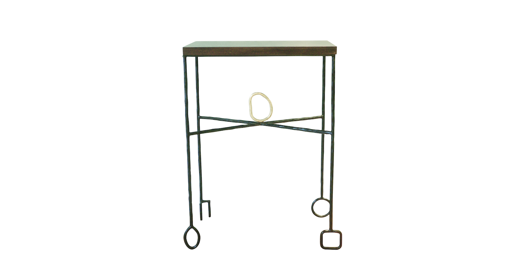 Elizabeth Garouste artistic side table, black wrought iron legs ending at the bottom with all different ornaments, in the middle of the legs, a silver round, dark wood top