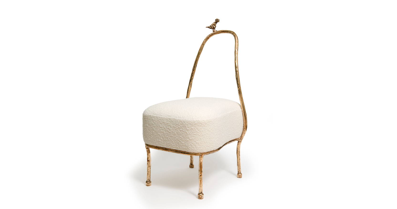 New creation 2025 by the designer Eric Schmitt, small chair in gilded bronze, with a bird on the back, and a low rounded seat covered in white fabric, in limited edition
