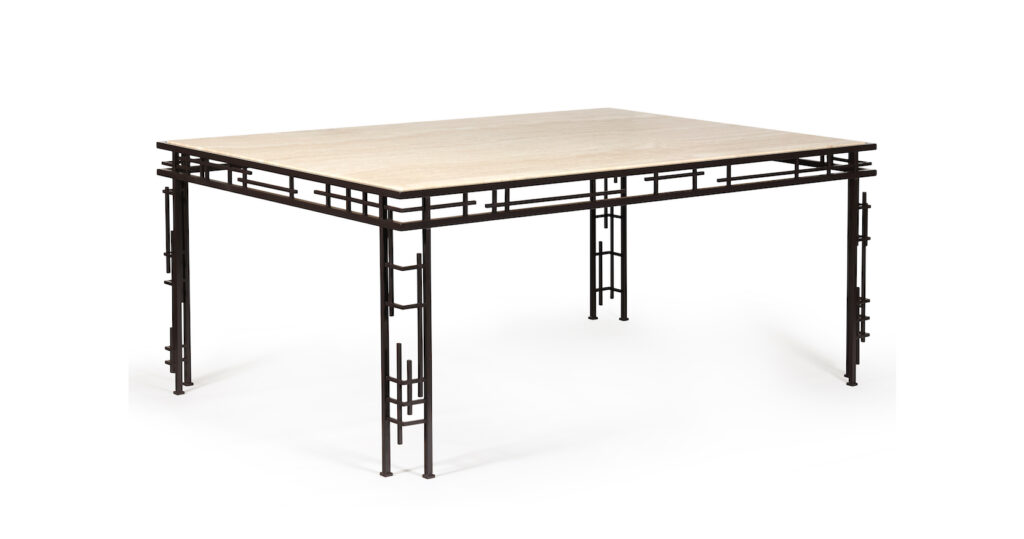 New design 2025 by Mattia Bonetti, large rectangular table in minimalist style with graphic black metal legs and beige marble top