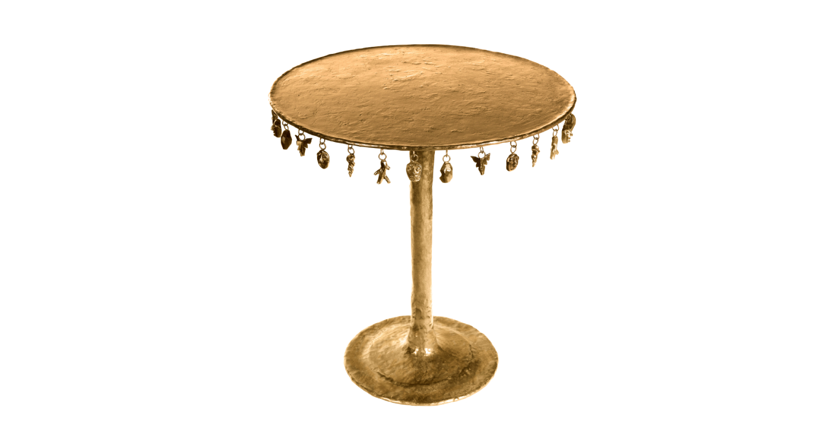 2025 creation of luxury design by Mattia Bonetti, baroque side table in golden bronze with round central leg, round top with hanging figurines, limited edition of 12 numbered copies
