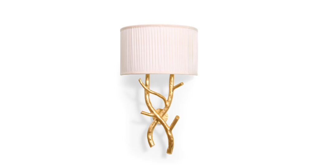 New creation 2025, Mattia Bonetti, wall lamp in the shape of intertwined tree branches in wrought iron gilded with gold leaf, white pleated silk lampshade