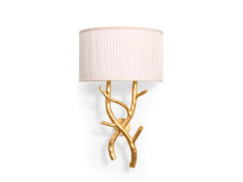New creation 2025, Mattia Bonetti, wall lamp in the shape of intertwined tree branches in wrought iron gilded with gold leaf, white pleated silk lampshade