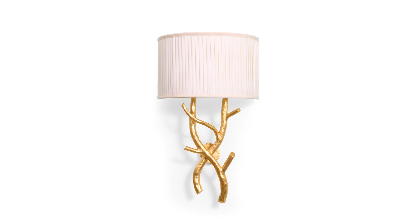 New creation 2025, Mattia Bonetti, wall lamp in the shape of intertwined tree branches in wrought iron gilded with gold leaf, white pleated silk lampshade