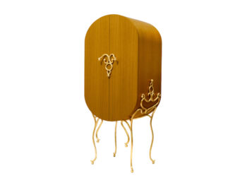 2025, new creation by Mattia Bonetti, luxurious storage furniture, rounded storage unit, in oak, surrounded by arabesques in gilded wrought iron, limited edition of 12 signed and numbered copies