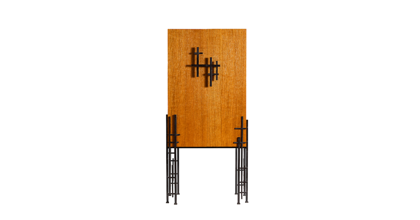2025, new creation by Mattia Bonetti, Manhattan storage unit in brutalist and minimalist style, rectangular oak body, geometric legs in black wrought iron with a square section, limited edition of 12 copies