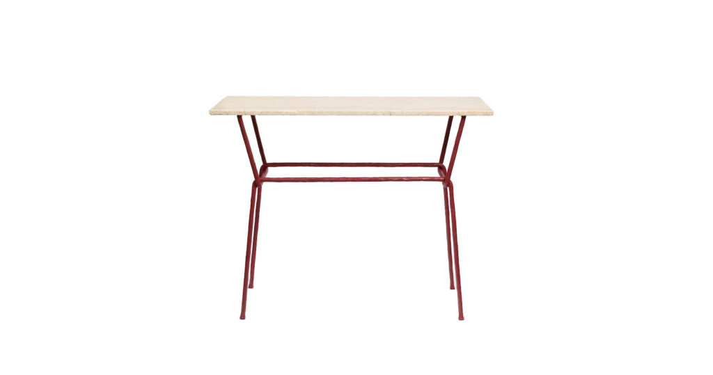 2025, new creation by Mattia Bonetti, rectangular console, graphically shaped legs in dark red wrought iron, rectangular top in beige marble, made by the ironworker Diego Giacometti