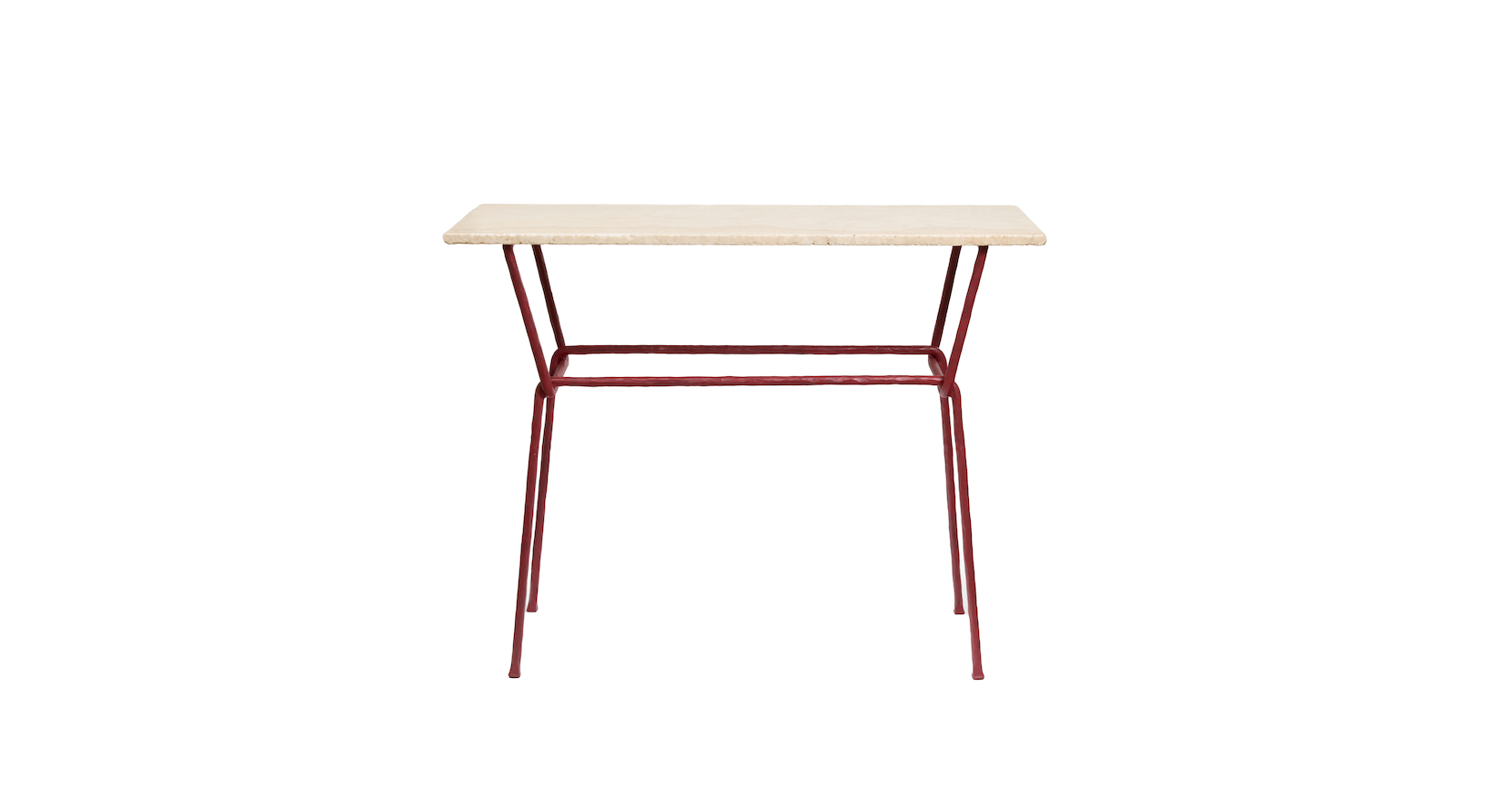 2025, new creation by Mattia Bonetti, rectangular console, graphically shaped legs in dark red wrought iron, rectangular top in beige marble, made by the ironworker Diego Giacometti