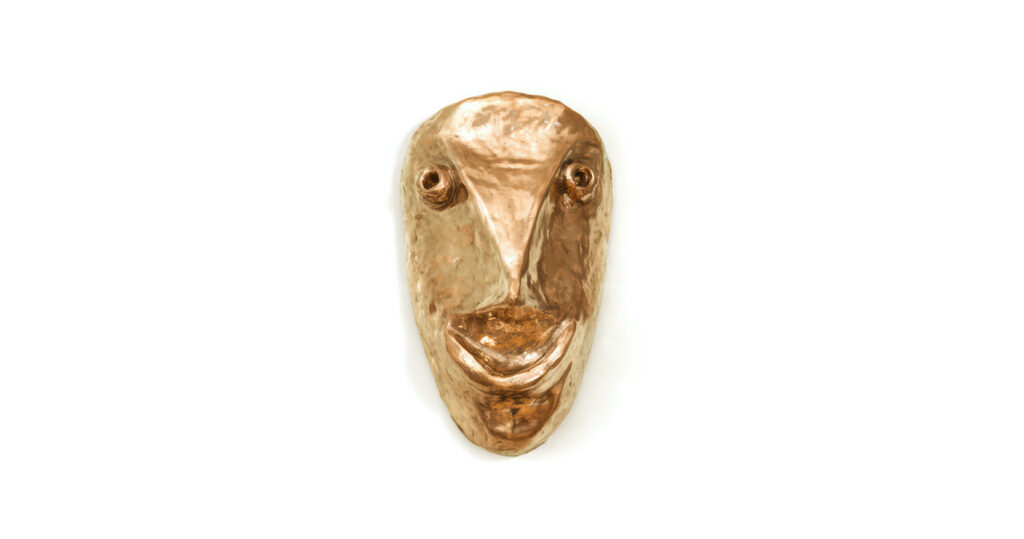 2025, new creation by Mattia Bonetti, stunning baroque mask in gold bronze, representing a stylized and laughing face