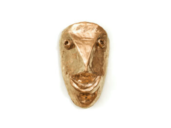 2025, new creation by Mattia Bonetti, stunning baroque mask in gold bronze, representing a stylized and laughing face