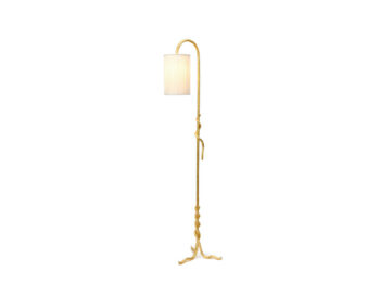 2025, new creation by Mattia Bonetti, baroque style floor lamp in gold wrought iron, with a snake motif that wraps around the stem, cylindrical lampshade that falls back, in white pleated silk