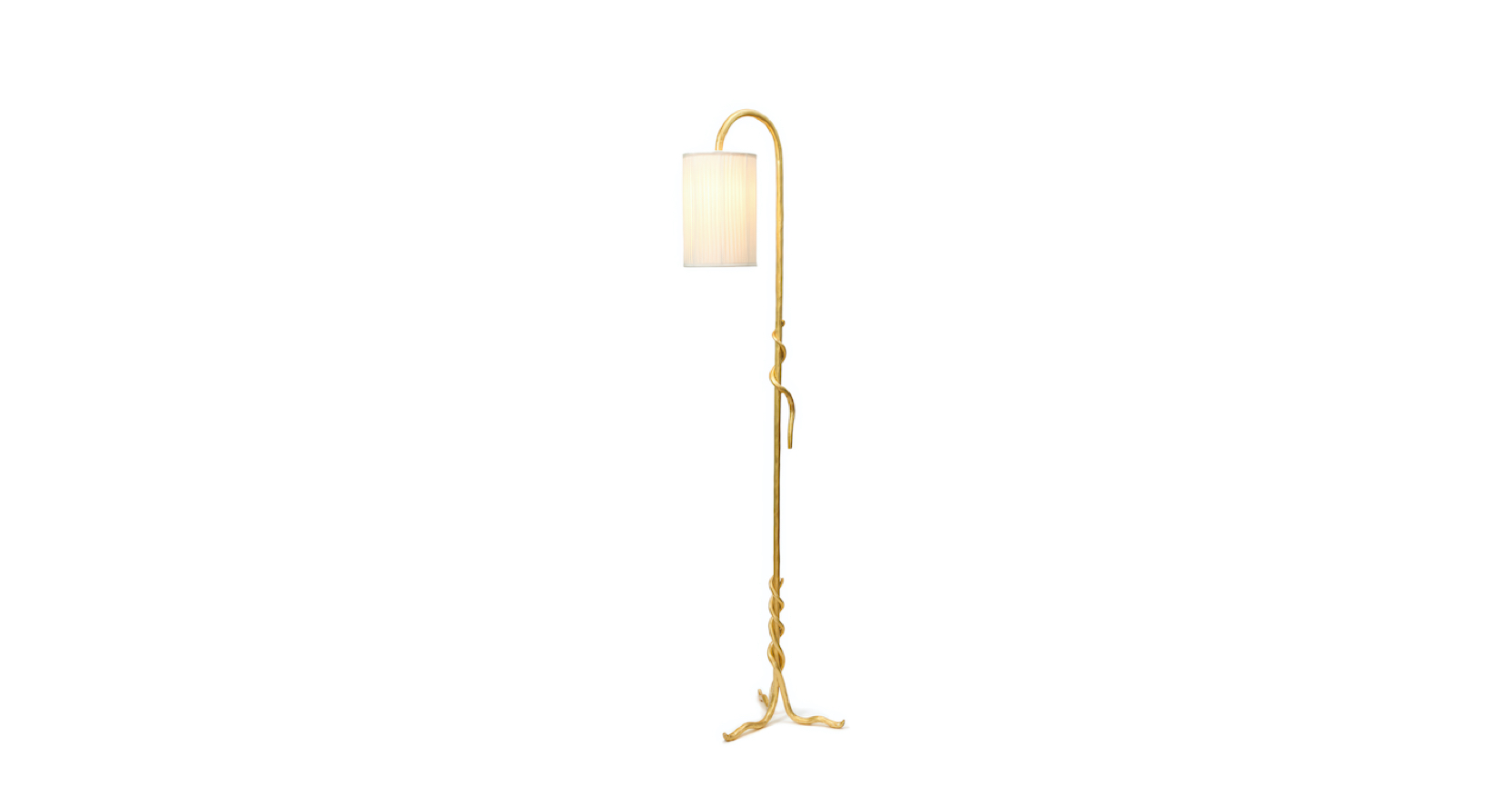 2025, new creation by Mattia Bonetti, baroque style floor lamp in gold wrought iron, with a snake motif that wraps around the stem, cylindrical lampshade that falls back, in white pleated silk