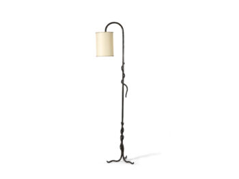 2025, new creation by Mattia Bonetti, minimalist floor lamp in brown wrought iron, with a snake motif that wraps around the stem, white cylindrical lampshade that falls back