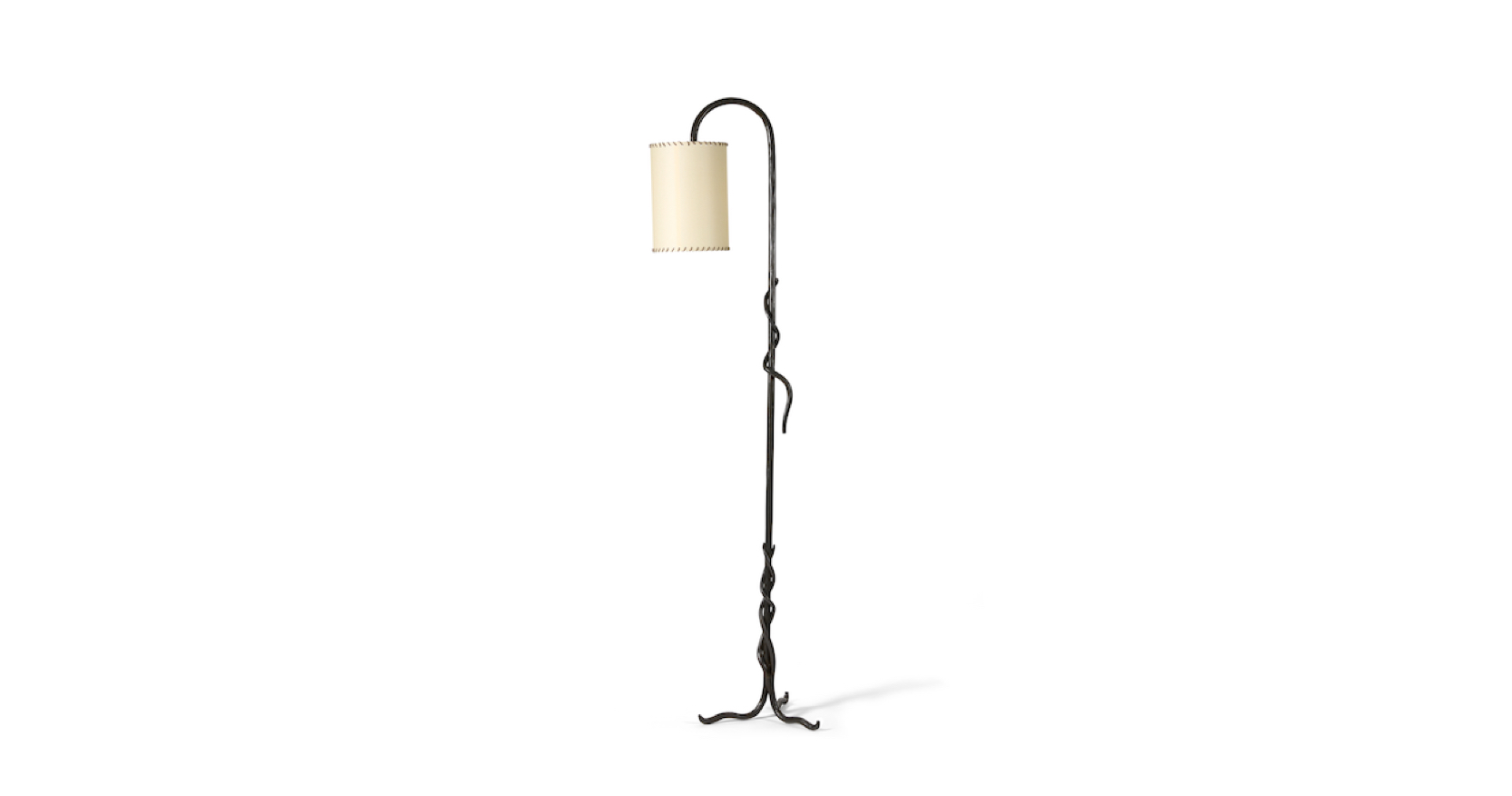 2025, new creation by Mattia Bonetti, minimalist floor lamp in brown wrought iron, with a snake motif that wraps around the stem, white cylindrical lampshade that falls back