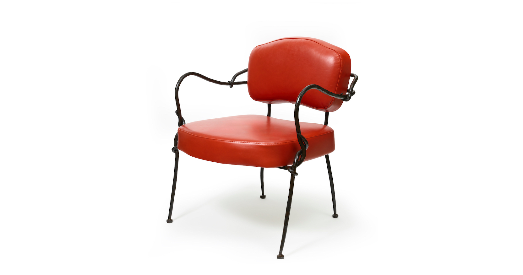 New design 2025, by Mattia Bonetti, in the spirit of the 50s, wrought iron armchair by the ironworker Diego Giacometti, legs and armrests in dark brown wrought iron, seat and backrest in bright red leather, for the Poetic Design exhibition at Artcurial