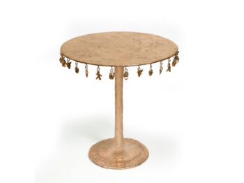 new 2025 creation of luxury design by Mattia Bonetti, baroque pedestal table with round central leg, round top with hanging figurines, limited edition of 12 numbered copies
