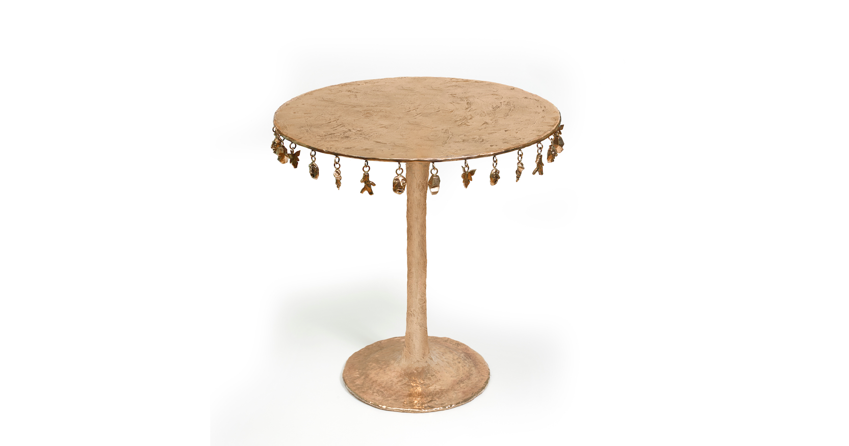 new 2025 creation of luxury design by Mattia Bonetti, baroque pedestal table with round central leg, round top with hanging figurines, limited edition of 12 numbered copies