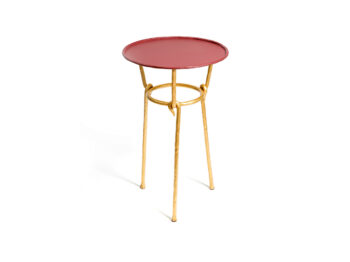 2025 New design Mattia Bonetti, Traviata side table, legs in wrought iron gilded with gold leaf, round red top in métal , by the ironsmith of Diego Giacometti