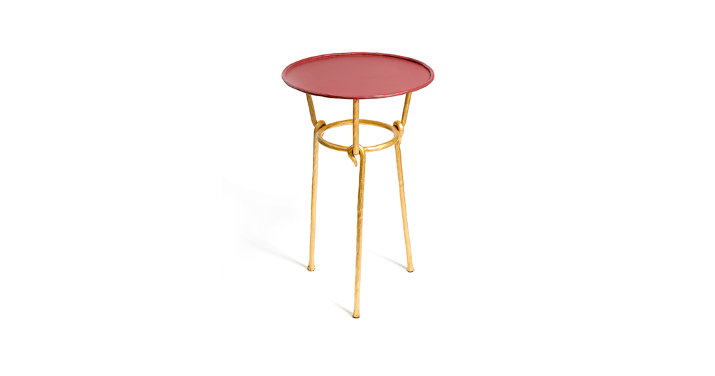 2025 New design Mattia Bonetti, Traviata side table, legs in wrought iron gilded with gold leaf, round red top in métal , by the ironsmith of Diego Giacometti