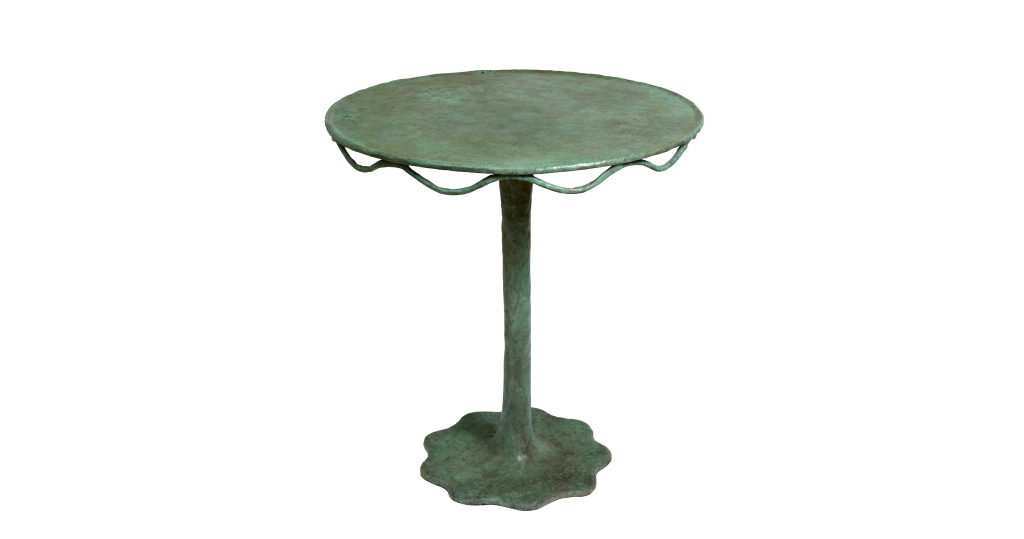 New creation 2025 Mattia Bonetti, round artistic pedestal table in light green bronze, with a bronze ribbon located under the top, central leg ending in the shape of a daisy, limited edition of 12 pieces