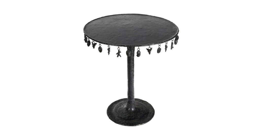 New creation by Mattia Bonetti 2025 for the Poetic Design exhibition, an astonishing round artistic pedestal table in black bronze, with tassels hanging all around the top, round base, in a limited edition of 12 pieces