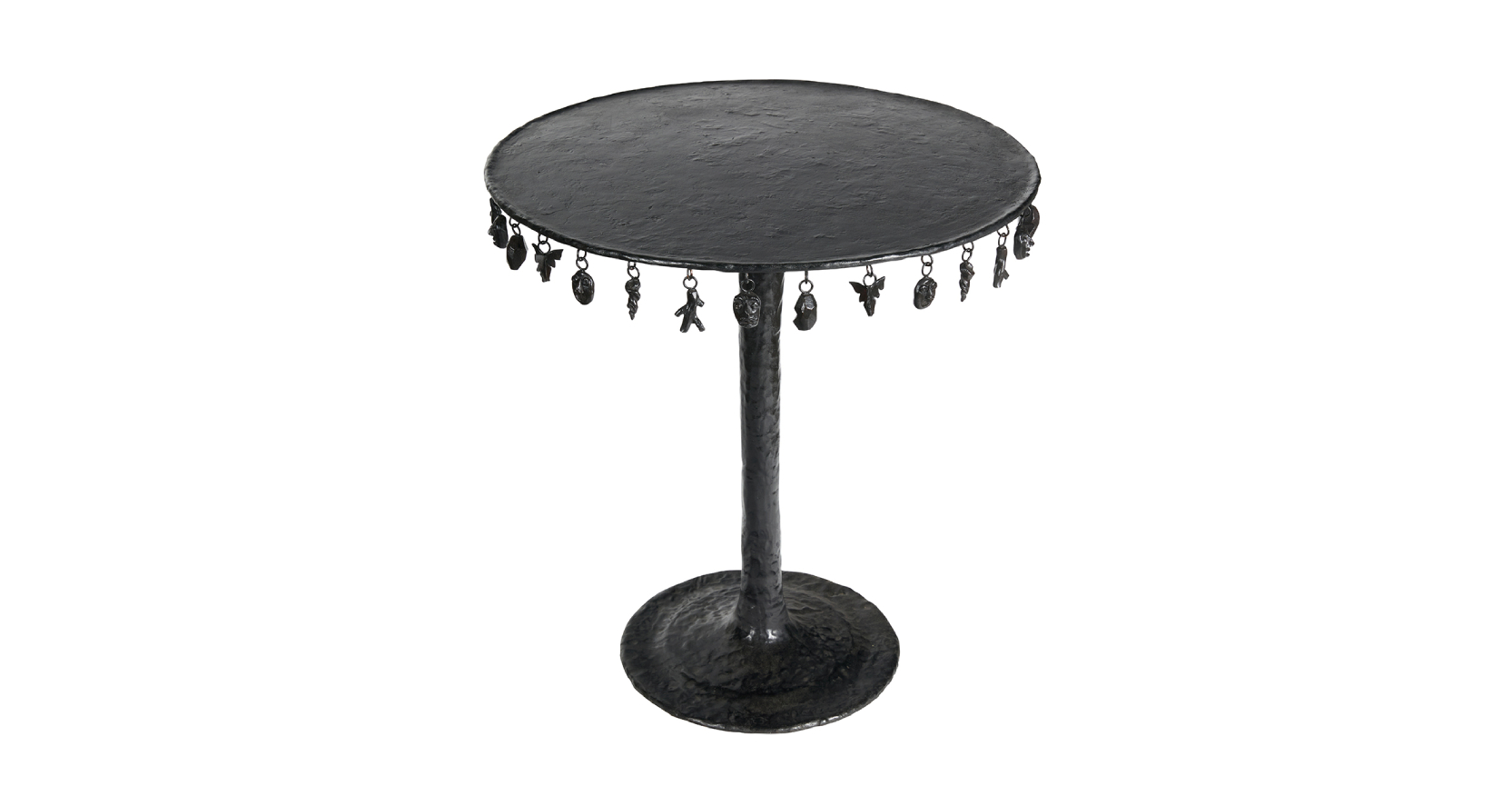 New creation by Mattia Bonetti 2025 for the Poetic Design exhibition, an astonishing round artistic pedestal table in black bronze, with tassels hanging all around the top, round base, in a limited edition of 12 pieces