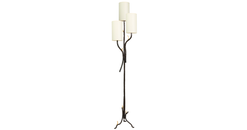 New creation 2025, by Mattia Bonetti, spectacular floor lamp produced by the ironsmith of Diego Giacometti, with a central brown wrought iron rod which divides into 3 arabesque rods, each with a white cylindrical lampshade, ornaments covered with gold leaf
