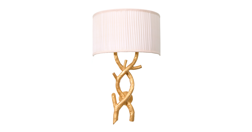 Nouvelle création 2025, Mattia Bonetti, applique en forme de branches d'arbres entremélées en fer forgé recouvert de feuille d'or, abat jour en soie plissée