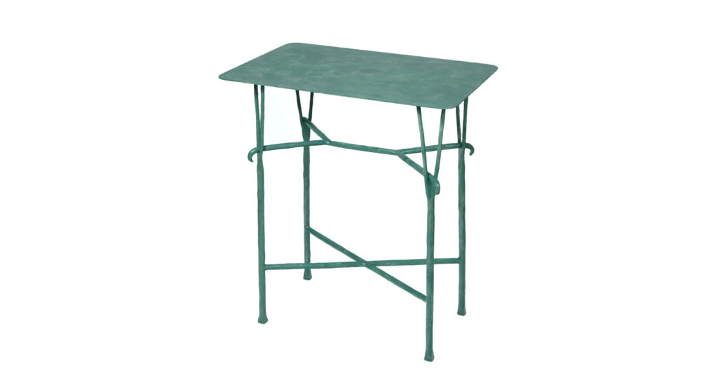 2025, Garouste Bonetti, green Forks Side Table, rectangular top in green patinated metal, green wrought iron legs ending at the top with two forks, produced by the ironsmith of Diego Giacometti