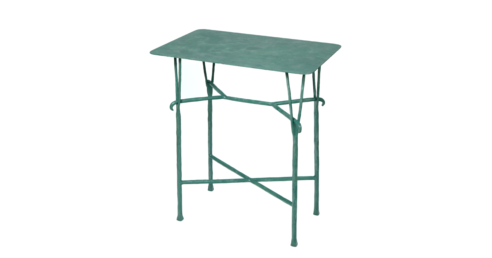2025, Garouste Bonetti, green Forks Side Table, rectangular top in green patinated metal, green wrought iron legs ending at the top with two forks, produced by the ironsmith of Diego Giacometti