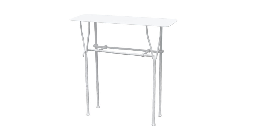 2026, console rectangulaire luxe par les designers Garouste et Bonetti, en fer forgé blanc et métal blanc