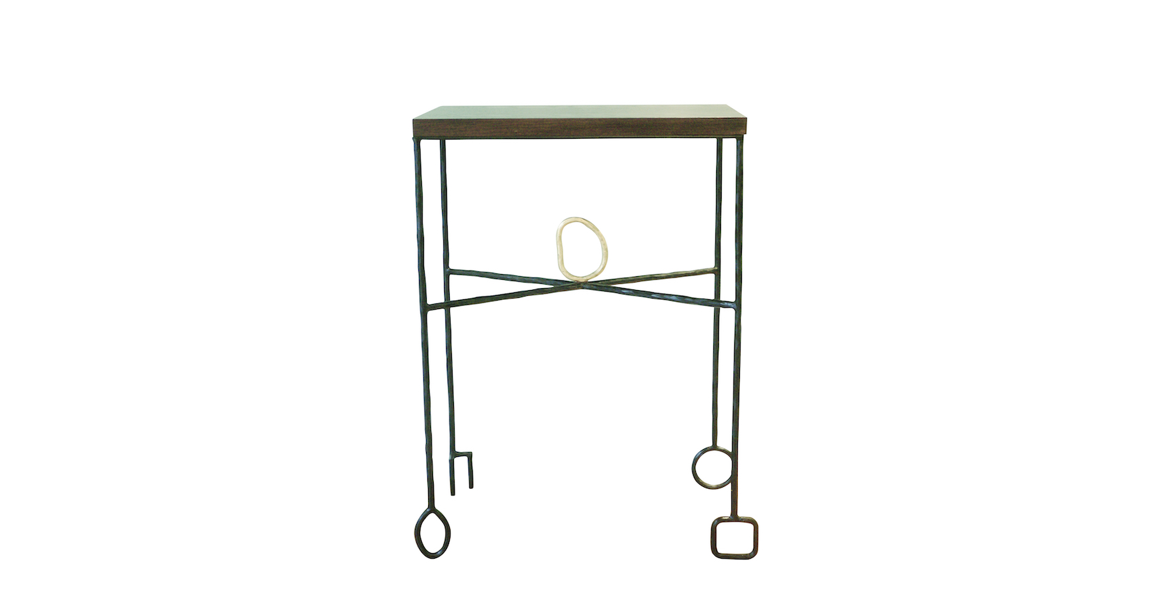 Minismalist side table design Elizabeth Garouste, rectangular shape, feet in black wrought iron, ornament gilded whith gold leaf, top in brown wood, produced by the ironsmith of Diego Giacometti