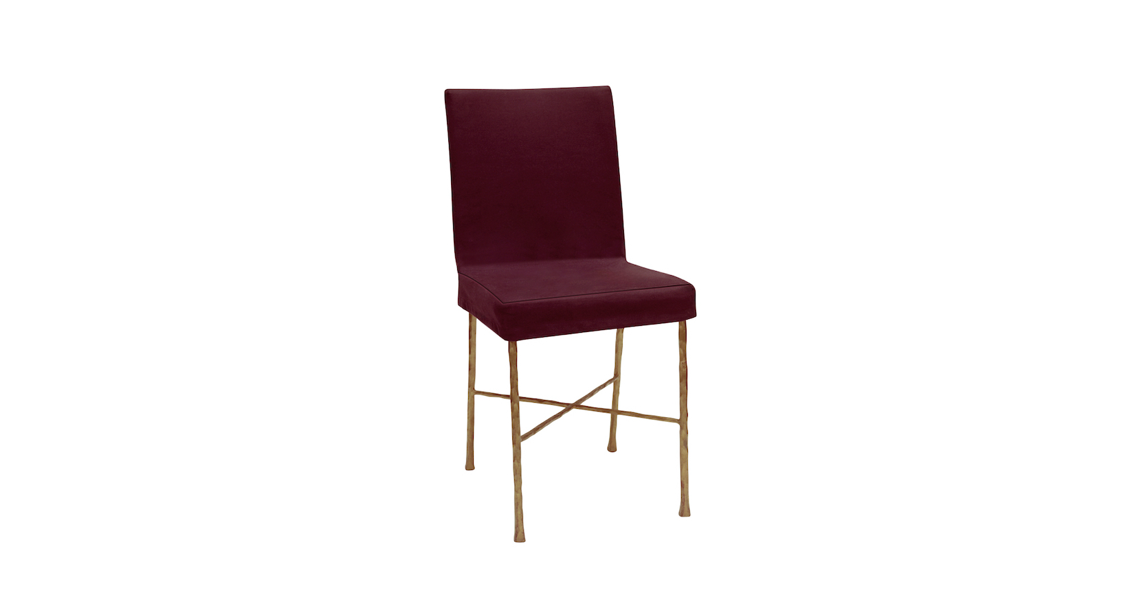 Contemporary chair by Garouste and Bonetti, with a gilded wrought iron base in the shape of a cross, and a backrest and seat covered in a purple slipcover, made by Diego Giacometti's ironworker.