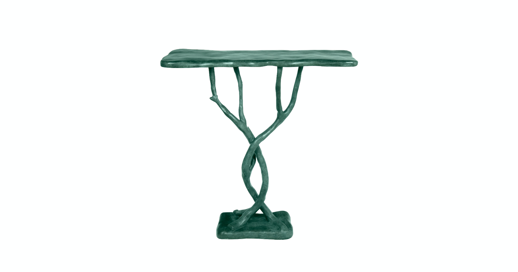 2026, new console table by Mattia Bonetti, bronze with green patina, in the shape of tree branches supporting a rectangular top