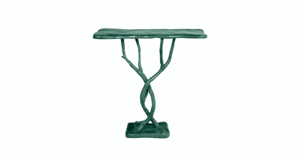 2026, nouvelle table console de Mattia Bonetti, bronze patine verte, en forme de branches d'arbre soutenant une plateau rectangulaire