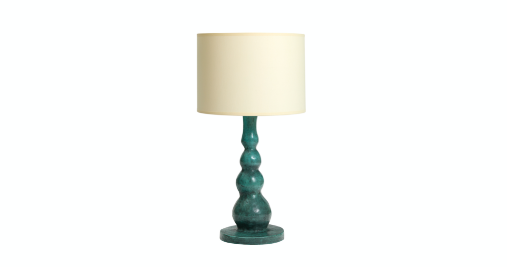 2026, new artistic lamp by Eric Schmitt, base in antique green bronze shaped like 3 balls stacked on top of each other, white circle shade