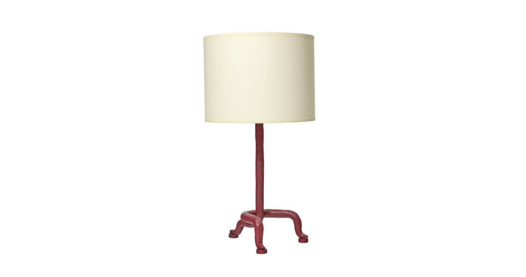 2026, new lamp by Mattia Bonetti, tripod base in patinated red wrought iron, white lampshade
