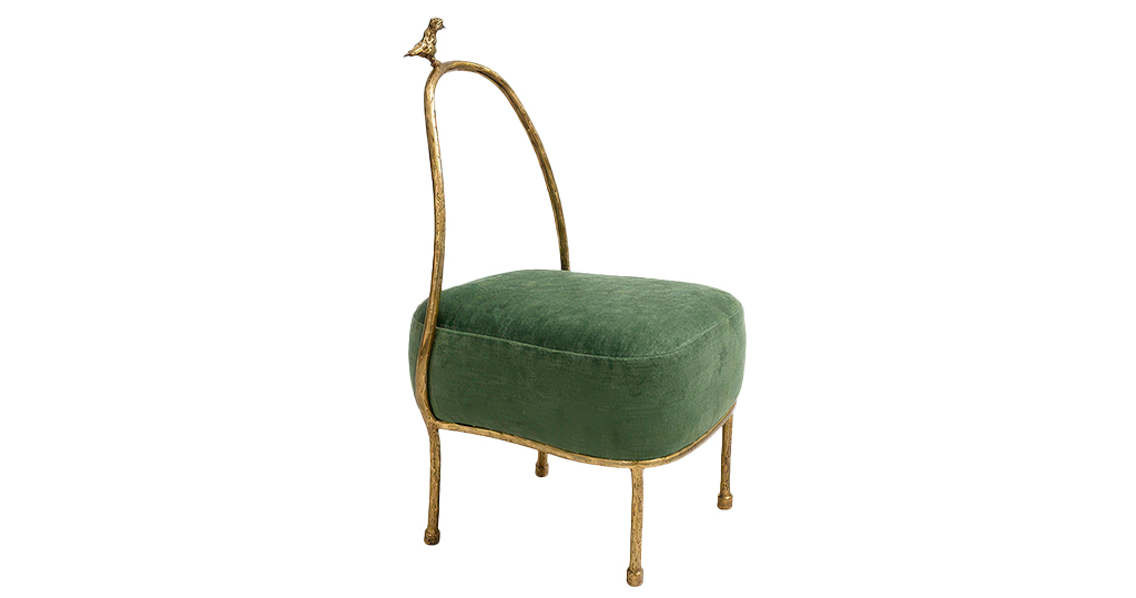 2026, creation by Eric Schmitt, spectacular chair in golden bronze with a bird on the backrest, green velvet seat, limited edition of 30 signed copies