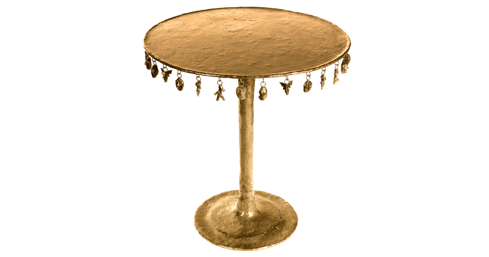 création 2025 de design luxueux de Mattia Bonetti, guéridon baroque pied central rond, en bronze or plateau rond avec des figurines qui pendent, édition limitée à 12 exemplaires numérotés