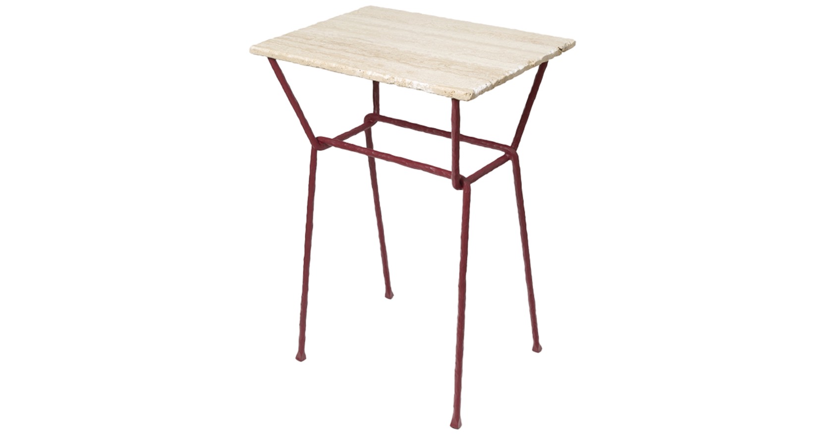 2026, new creation by Mattia Bonetti, rectangular pedestal table, beige marble top, 4 red wrought iron legs with a stretcher