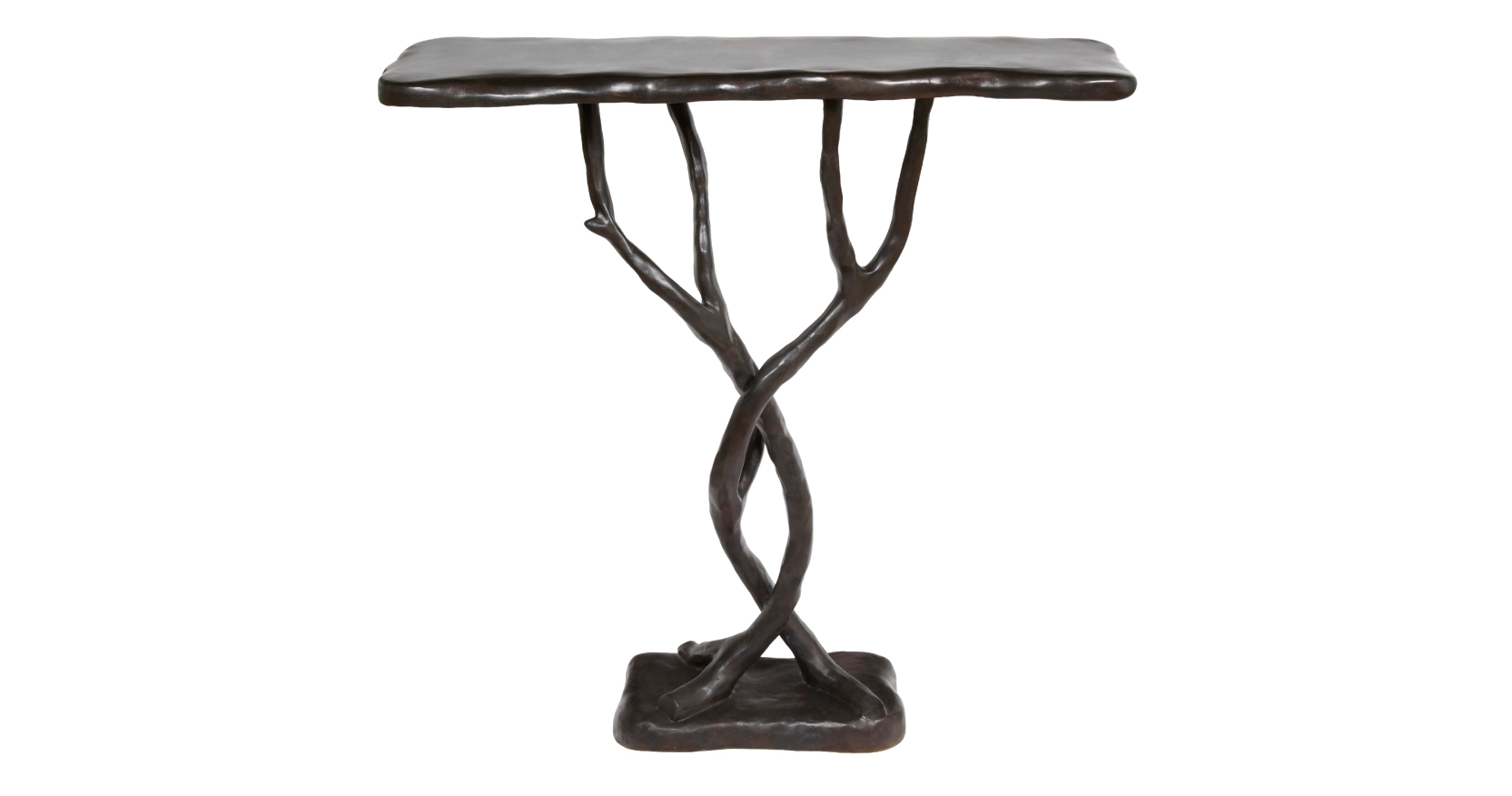 2026, new console table by Mattia Bonetti, bronze in brown patina, in the shape of tree branches supporting a rectangular top
