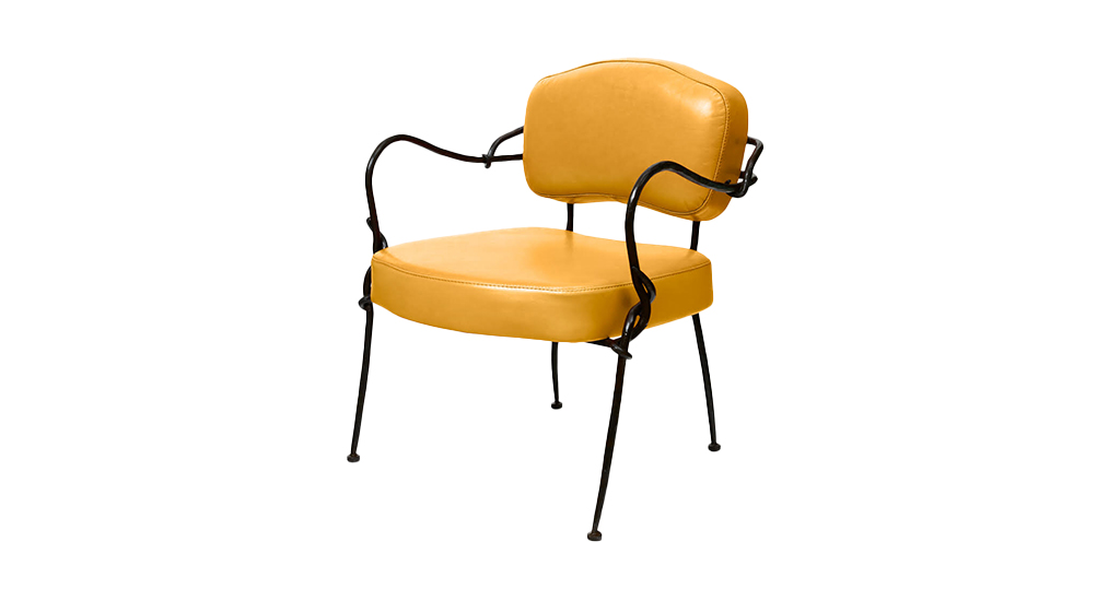 2026, new version of the Palazzo armchair in yellow leather and brown wrought iron.
