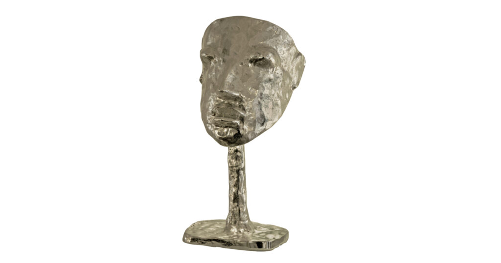 Lampe artistique Silver Masque de Garouste et Bonetti, lampe en bronze argenté représentant un visage sur un long cou, comme une sculpture archéologique, en édition limitée à 20 exemplaires