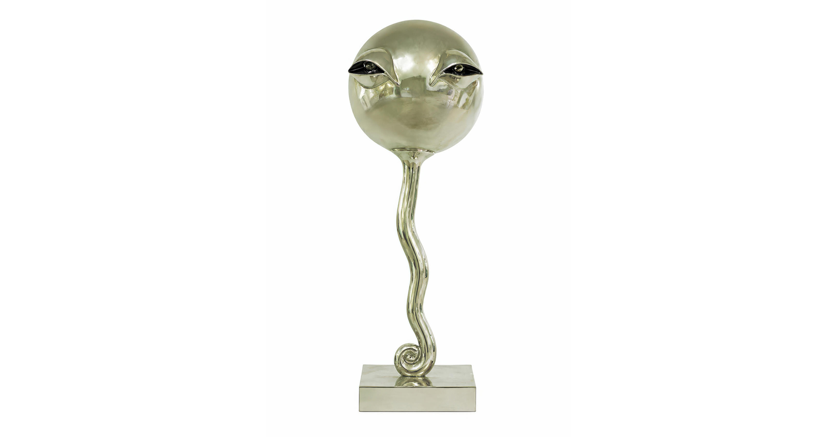 Signé Garouste et Bonetti, lampe sculpture en bronze argenté, avec un long cou sinueux qui part d'une base carrée, et un visage qui fait penser à ET, édition limitée à 20 exemplaires