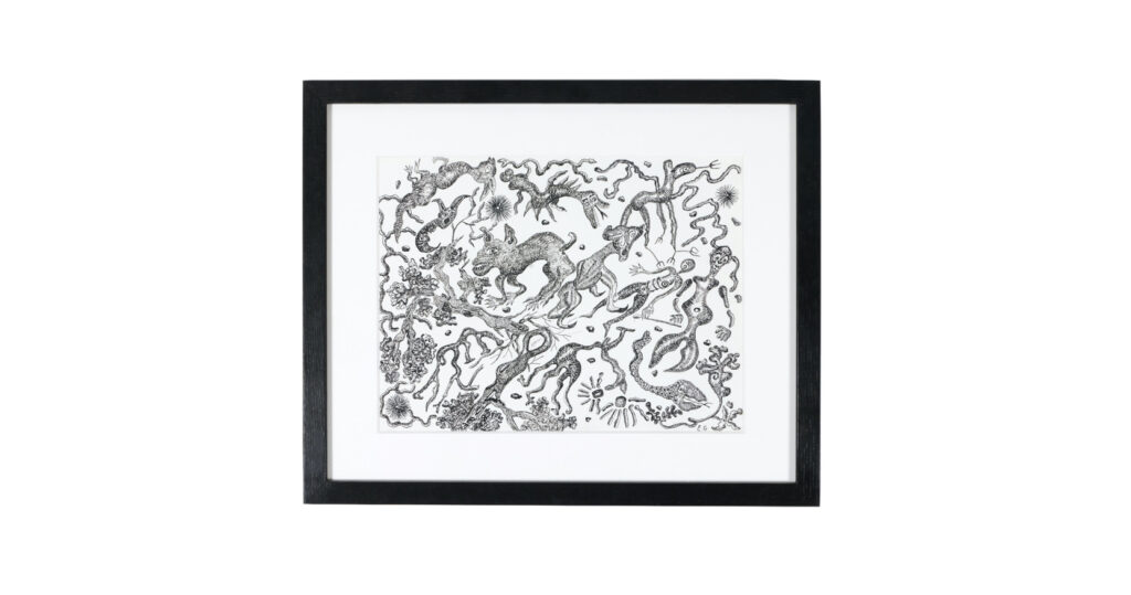 2026 New rectangular surrealist ink drawing by Elizabeth Garouste depicting imaginary figures and animals.