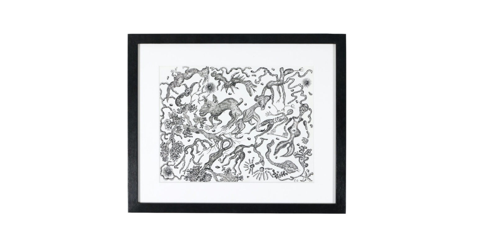2026 New rectangular surrealist ink drawing by Elizabeth Garouste depicting imaginary figures and animals.
